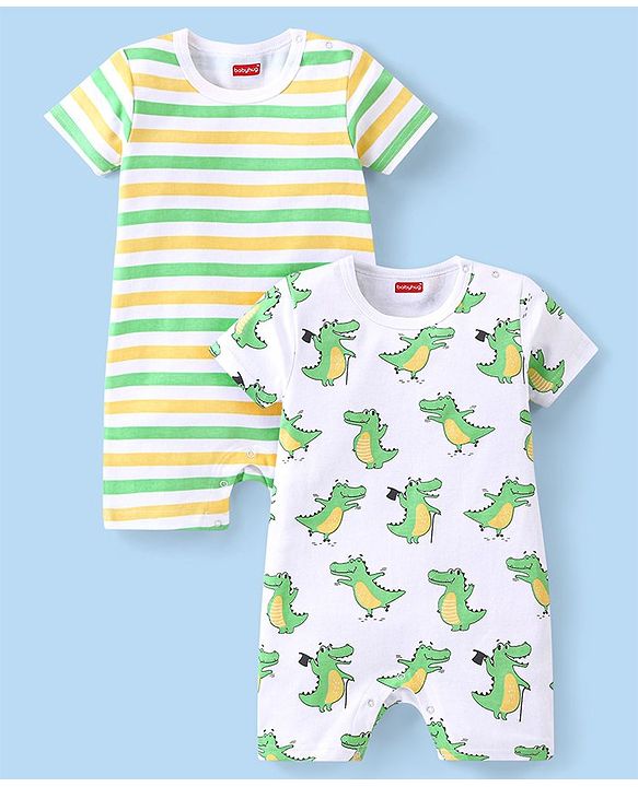 Babyhug 100% Cotton Half Sleeves Rompers Crocodile Print Pack of 2 - Multicolour