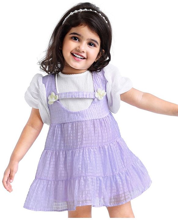 Babyhug Half Sleeves Fit & Flared  Party Frock with Floral Corsage - Lavender & White