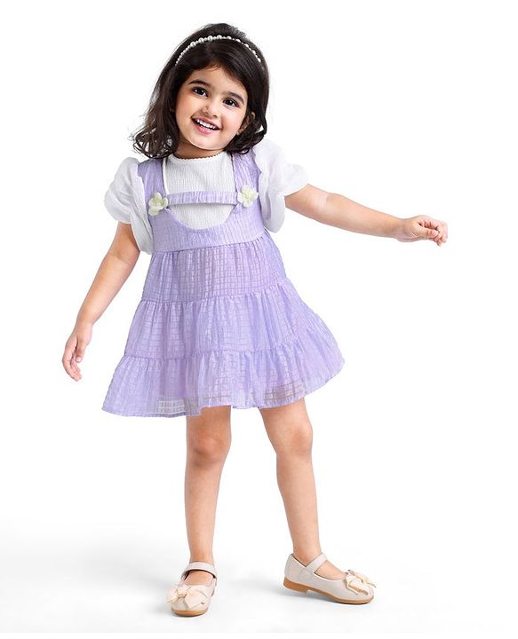 Babyhug Half Sleeves Fit & Flared  Party Frock with Floral Corsage - Lavender & White