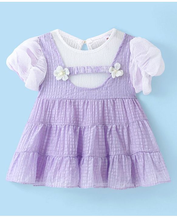 Babyhug Half Sleeves Fit & Flared  Party Frock with Floral Corsage - Lavender & White