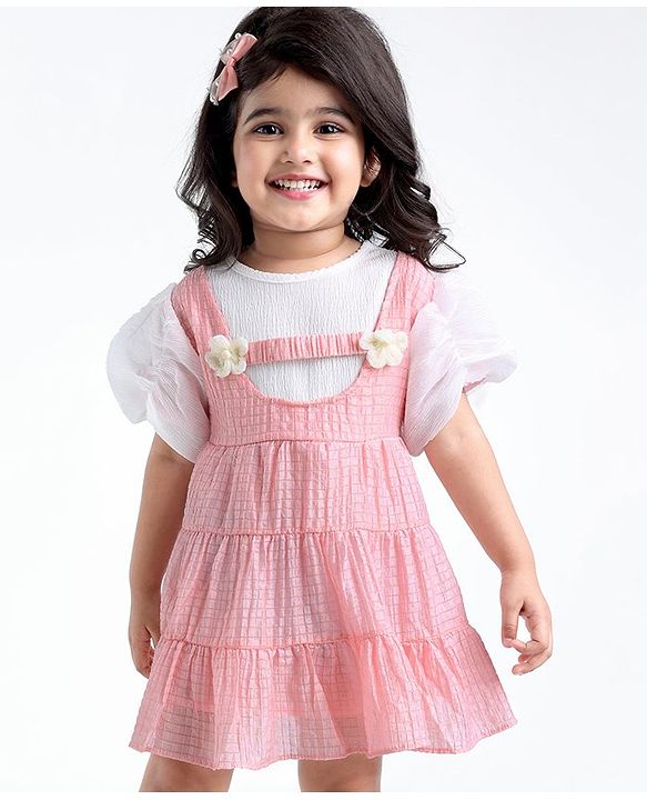 Babyhug Half Sleeves Fit & Flared Party Frock with Floral Corsage - Pink & White