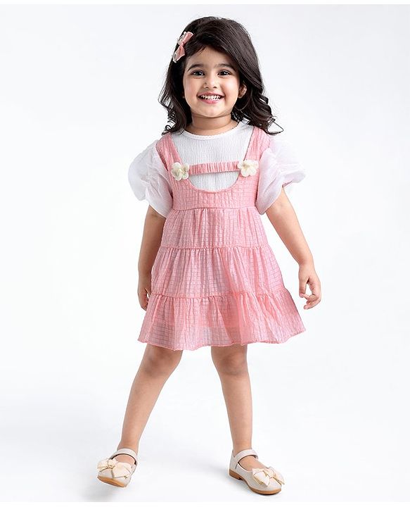 Babyhug Half Sleeves Fit & Flared Party Frock with Floral Corsage - Pink & White