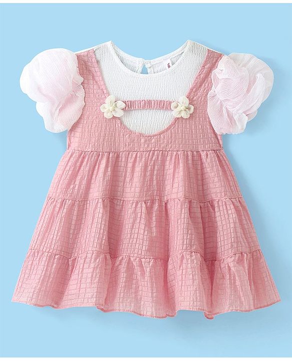 Babyhug Half Sleeves Fit & Flared Party Frock with Floral Corsage - Pink & White