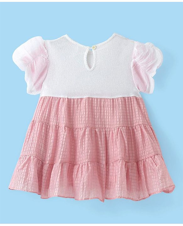 Babyhug Half Sleeves Fit & Flared Party Frock with Floral Corsage - Pink & White