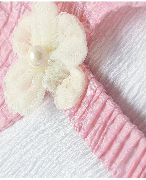 Babyhug Half Sleeves Fit & Flared Party Frock with Floral Corsage - Pink & White