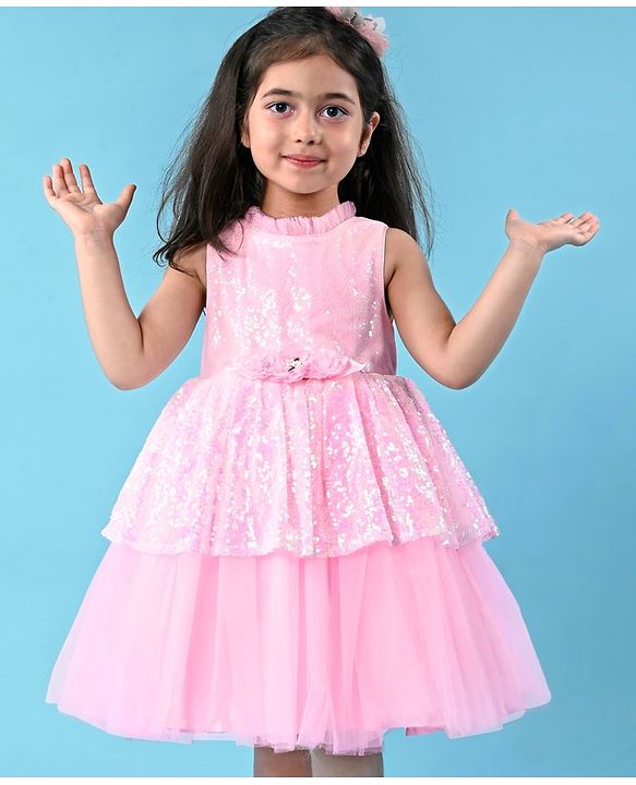 Babyhug Sleeveless Fit & Flared  Party Frock with Sequin Detailing & Floral Applique - Pink