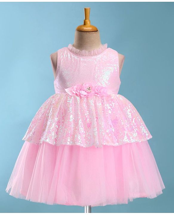 Babyhug Sleeveless Fit & Flared  Party Frock with Sequin Detailing & Floral Applique - Pink