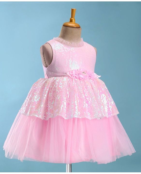 Babyhug Sleeveless Fit & Flared  Party Frock with Sequin Detailing & Floral Applique - Pink