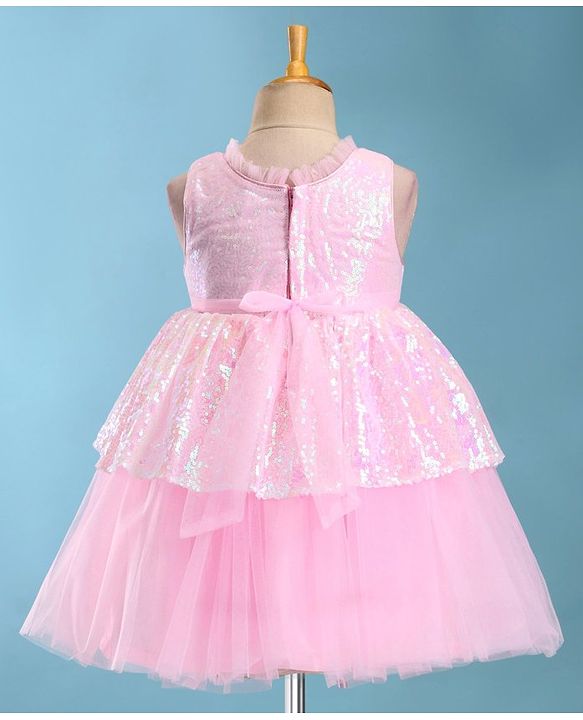 Babyhug Sleeveless Fit & Flared  Party Frock with Sequin Detailing & Floral Applique - Pink