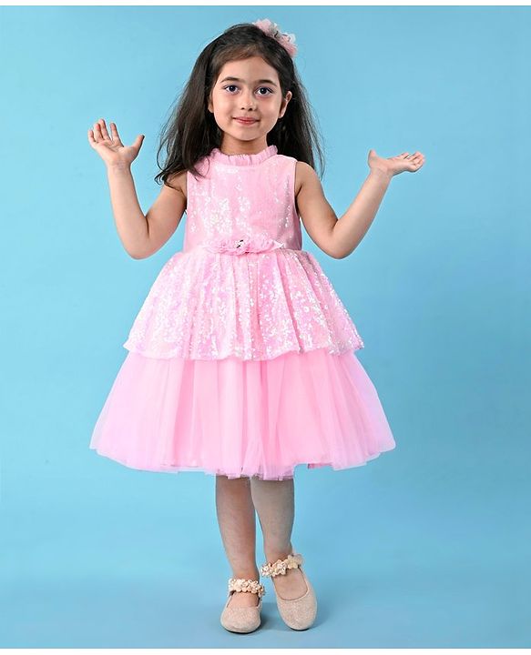 Babyhug Sleeveless Fit & Flared  Party Frock with Sequin Detailing & Floral Applique - Pink
