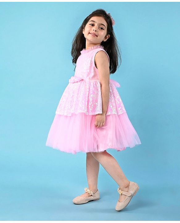 Babyhug Sleeveless Fit & Flared  Party Frock with Sequin Detailing & Floral Applique - Pink