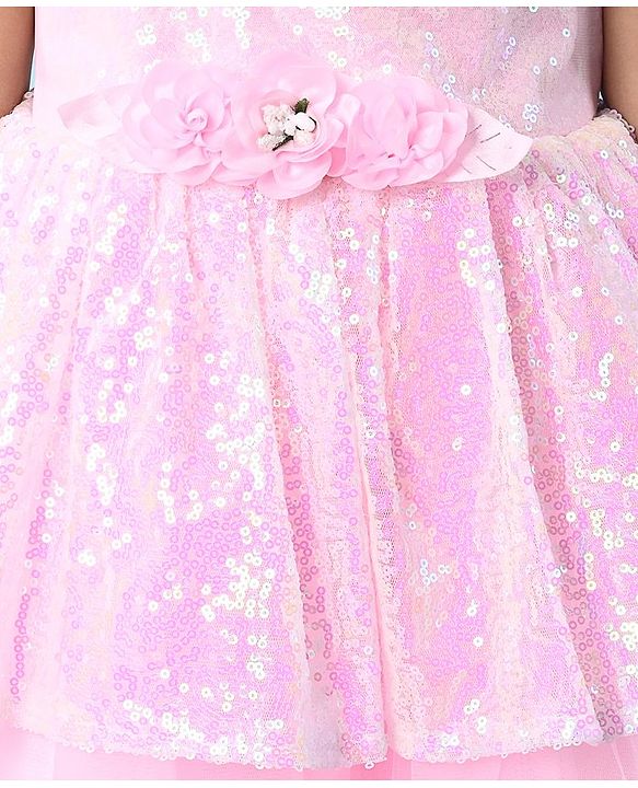 Babyhug Sleeveless Fit & Flared  Party Frock with Sequin Detailing & Floral Applique - Pink