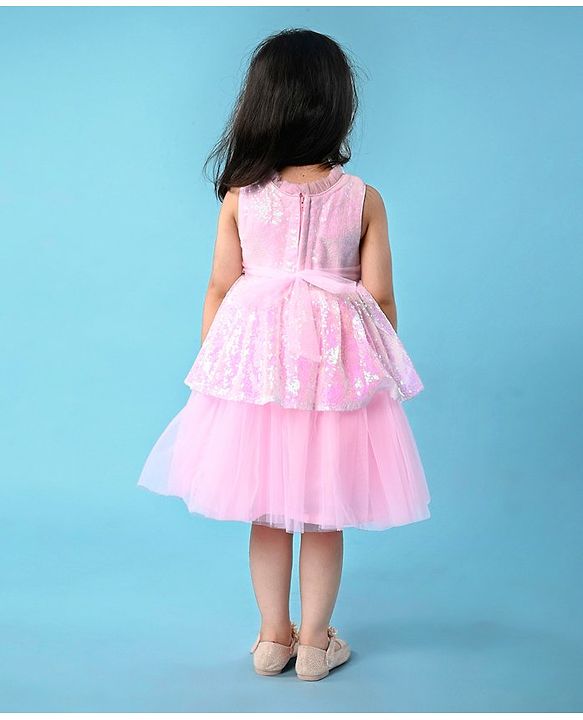 Babyhug Sleeveless Fit & Flared  Party Frock with Sequin Detailing & Floral Applique - Pink