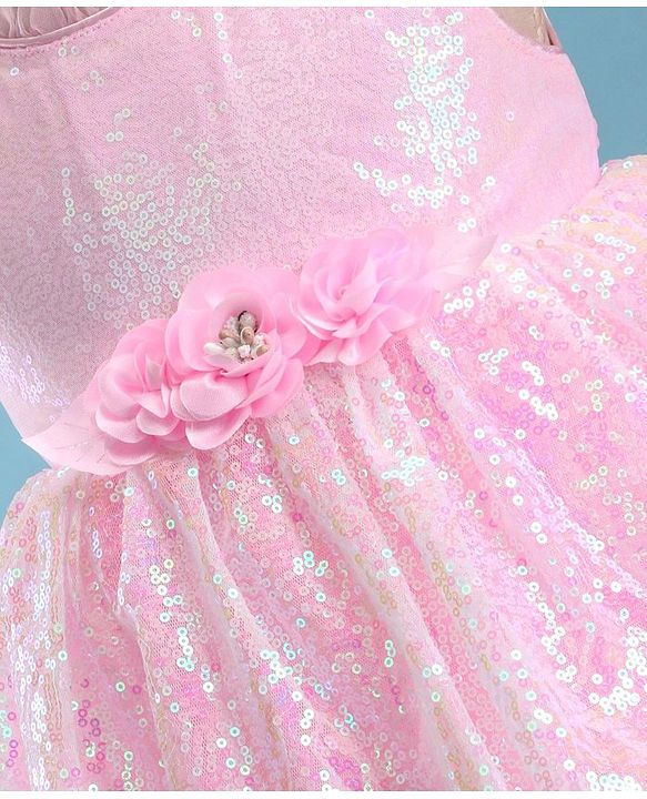 Babyhug Sleeveless Fit & Flared  Party Frock with Sequin Detailing & Floral Applique - Pink