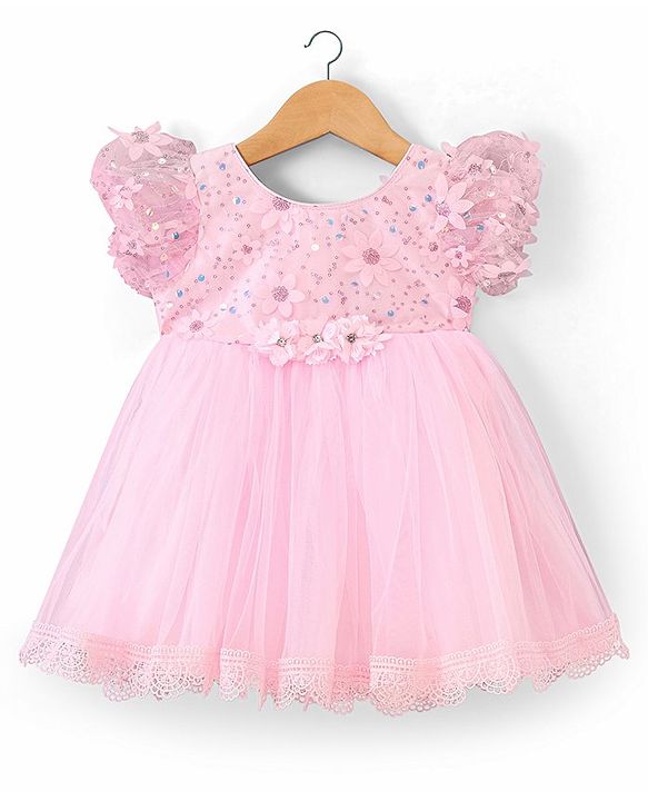 Babyhug Woven Half Embellished Sleeves Fit and Flare Party Frock with Sequined Yoke and 3D Applique - Pink