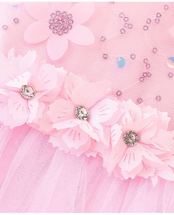 Babyhug Woven Half Embellished Sleeves Fit and Flare Party Frock with Sequined Yoke and 3D Applique - Pink