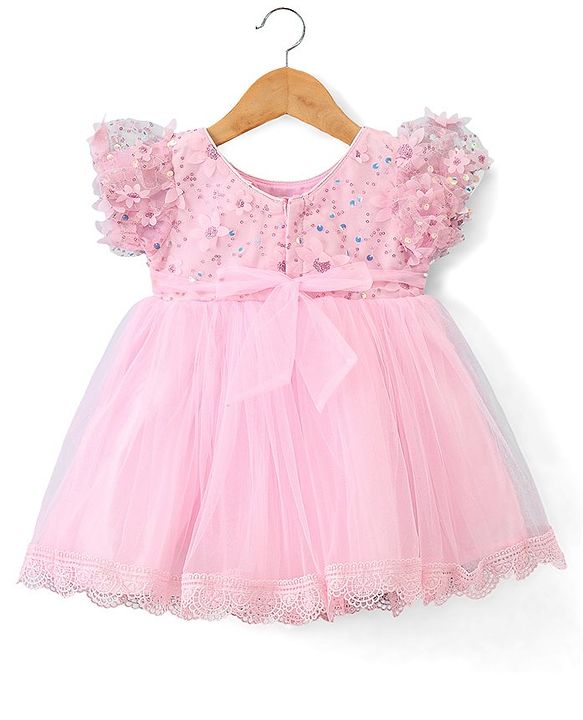 Babyhug Woven Half Embellished Sleeves Fit and Flare Party Frock with Sequined Yoke and 3D Applique - Pink