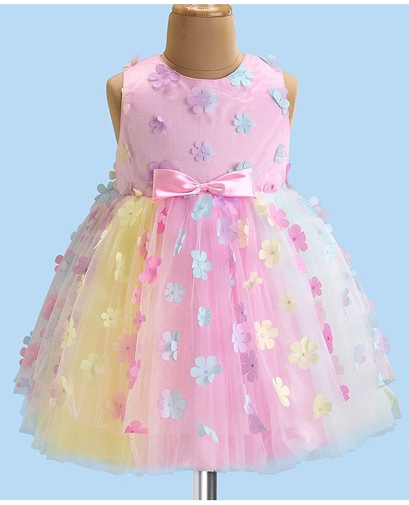 Babyhug Woven Sleeveless Fit and Flare Party Frock with 3D Floral Applique - Multicolor
