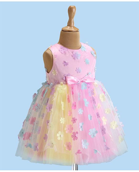 Babyhug Woven Sleeveless Fit and Flare Party Frock with 3D Floral Applique - Multicolor