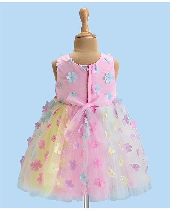 Babyhug Woven Sleeveless Fit and Flare Party Frock with 3D Floral Applique - Multicolor