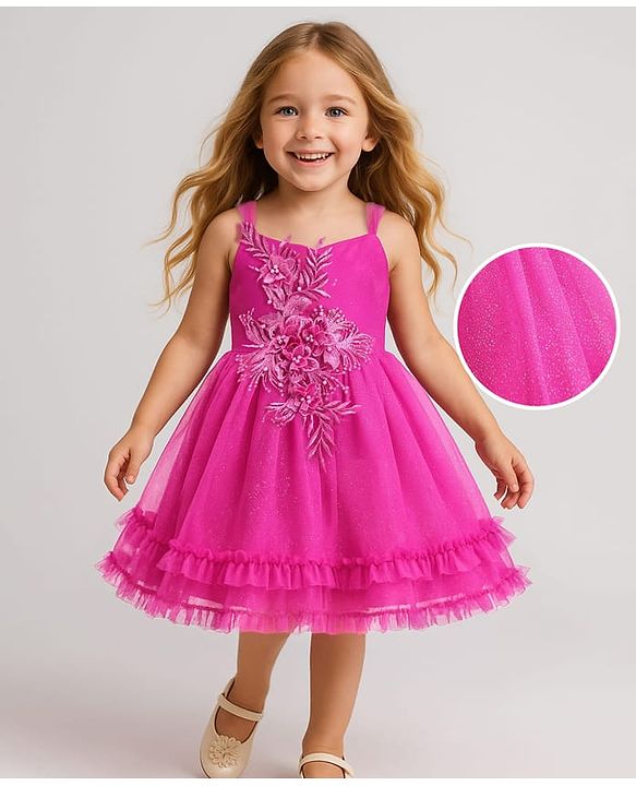 Babyhug Sleeveless  Fit & Flared Shimmered Party Frock with Floral Corsage & Frill Hem Detailing  - Pink