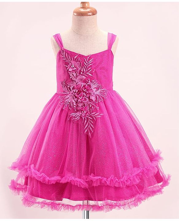 Babyhug Sleeveless  Fit & Flared Shimmered Party Frock with Floral Corsage & Frill Hem Detailing  - Pink
