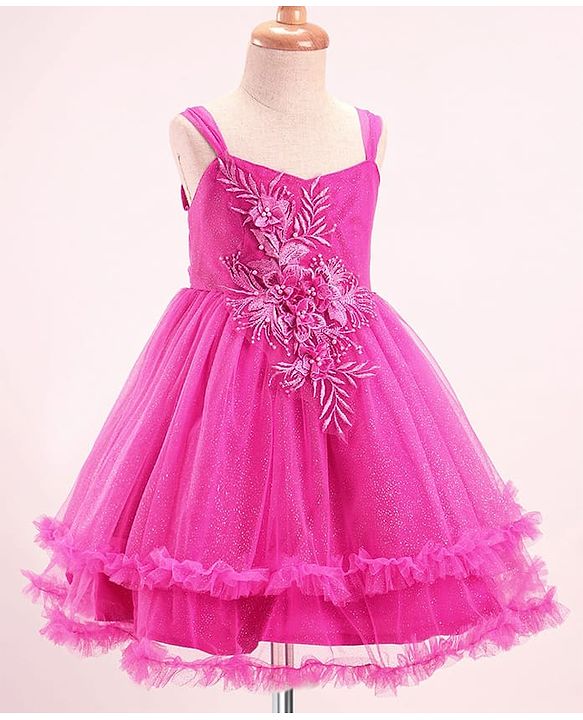 Babyhug Sleeveless  Fit & Flared Shimmered Party Frock with Floral Corsage & Frill Hem Detailing  - Pink