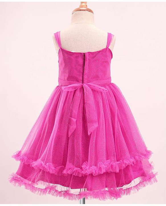 Babyhug Sleeveless  Fit & Flared Shimmered Party Frock with Floral Corsage & Frill Hem Detailing  - Pink
