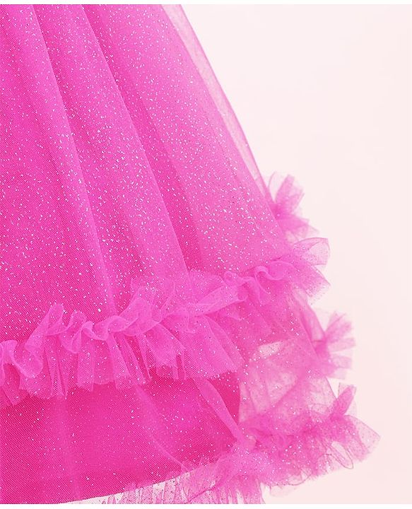 Babyhug Sleeveless  Fit & Flared Shimmered Party Frock with Floral Corsage & Frill Hem Detailing  - Pink