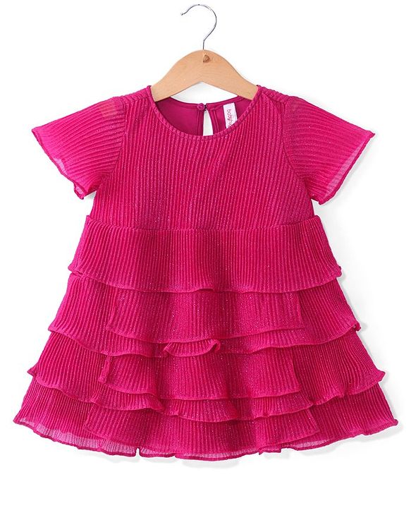 Babyhug Woven Half Sleeves A Line Tiered Party Frock With Frill Detailing - Pink