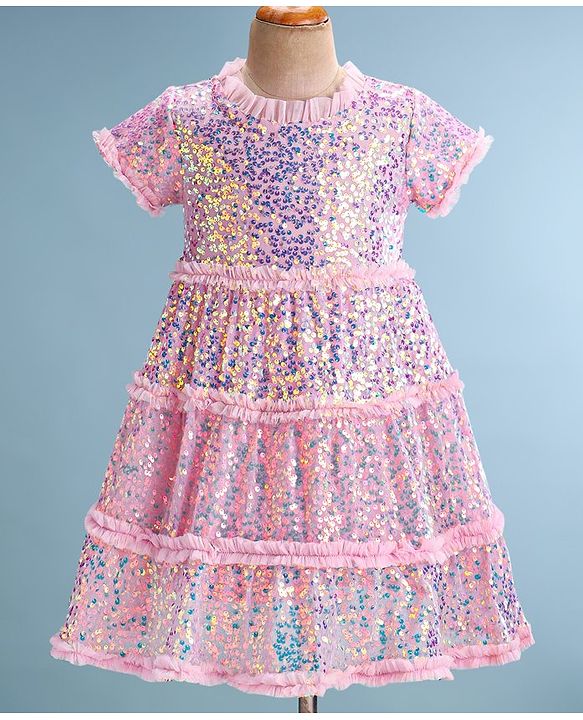 Babyhug Half Sleeves Sequined A-Line Party Frock with Frill Detailing - Pink