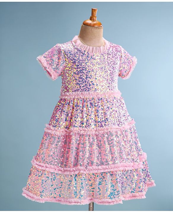 Babyhug Half Sleeves Sequined A-Line Party Frock with Frill Detailing - Pink