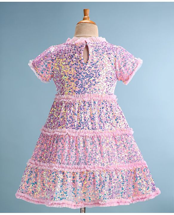 Babyhug Half Sleeves Sequined A-Line Party Frock with Frill Detailing - Pink