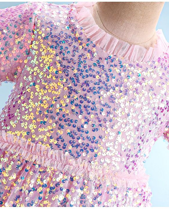 Babyhug Half Sleeves Sequined A-Line Party Frock with Frill Detailing - Pink