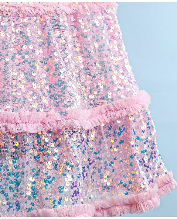 Babyhug Half Sleeves Sequined A-Line Party Frock with Frill Detailing - Pink