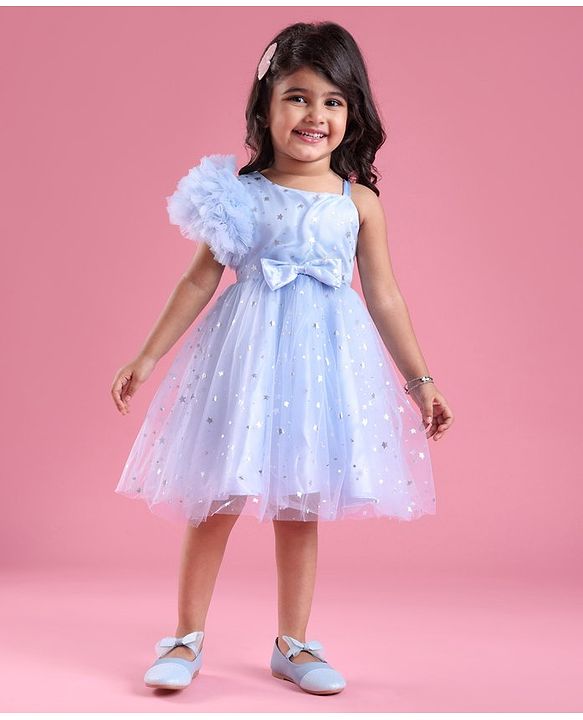 Babyhug One Shoulder Sleeves Fit & Flared Party Frock with Star Foil Print & Floral Applique - Blue