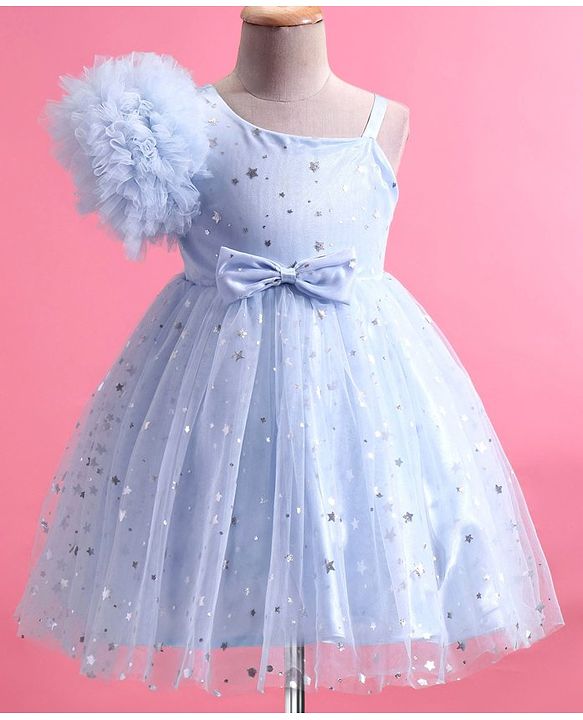 Babyhug One Shoulder Sleeves Fit & Flared Party Frock with Star Foil Print & Floral Applique - Blue