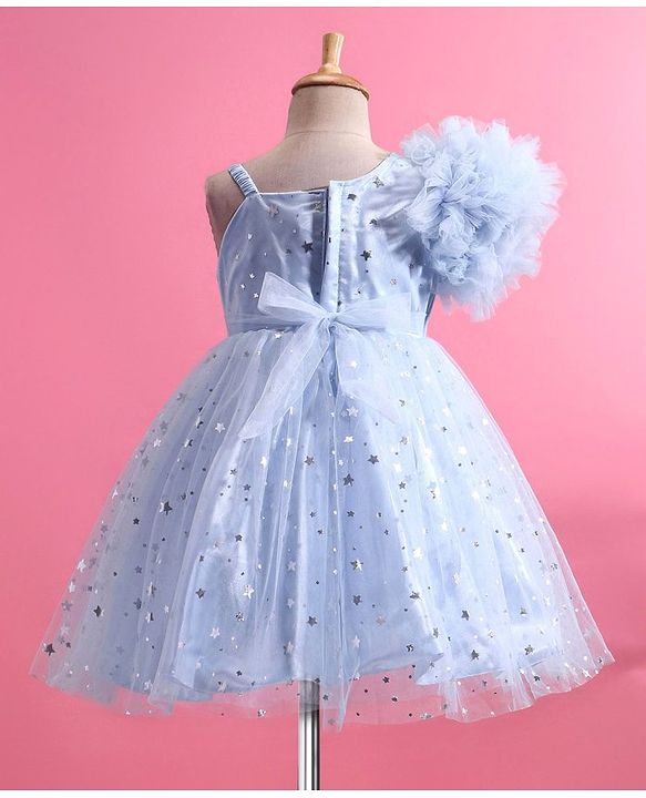 Babyhug One Shoulder Sleeves Fit & Flared Party Frock with Star Foil Print & Floral Applique - Blue