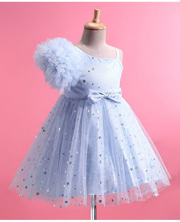 Babyhug One Shoulder Sleeves Fit & Flared Party Frock with Star Foil Print & Floral Applique - Blue