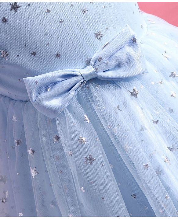 Babyhug One Shoulder Sleeves Fit & Flared Party Frock with Star Foil Print & Floral Applique - Blue