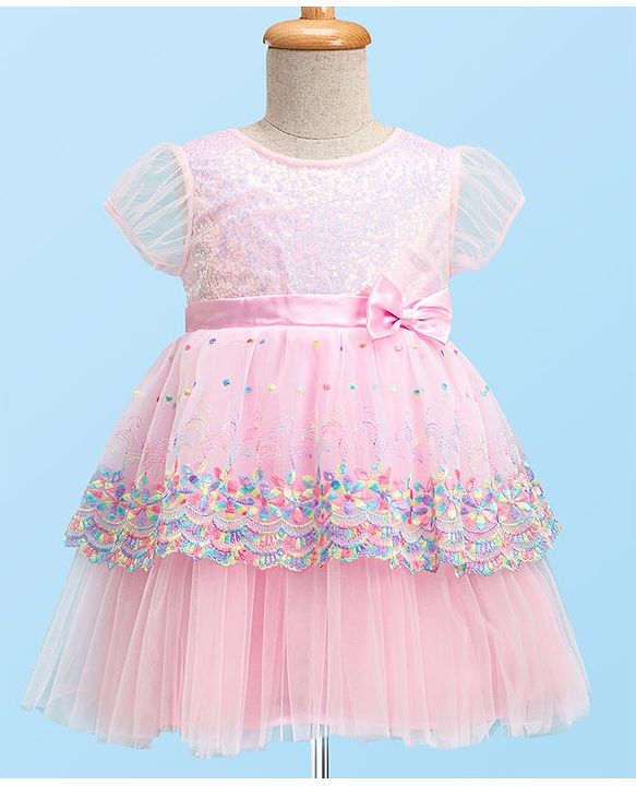 Babyhug Half Sleeves Fit & Flared  Party Frock with Sequin & Floral Embroidery Detailing Bow Applique - Pink