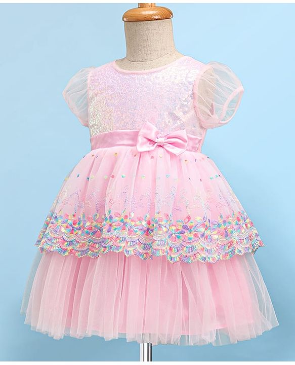 Babyhug Half Sleeves Fit & Flared  Party Frock with Sequin & Floral Embroidery Detailing Bow Applique - Pink