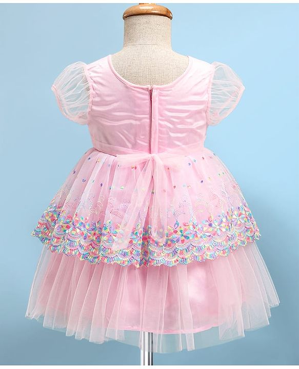 Babyhug Half Sleeves Fit & Flared  Party Frock with Sequin & Floral Embroidery Detailing Bow Applique - Pink