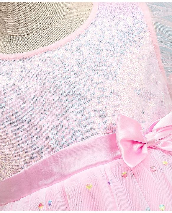 Babyhug Half Sleeves Fit & Flared  Party Frock with Sequin & Floral Embroidery Detailing Bow Applique - Pink