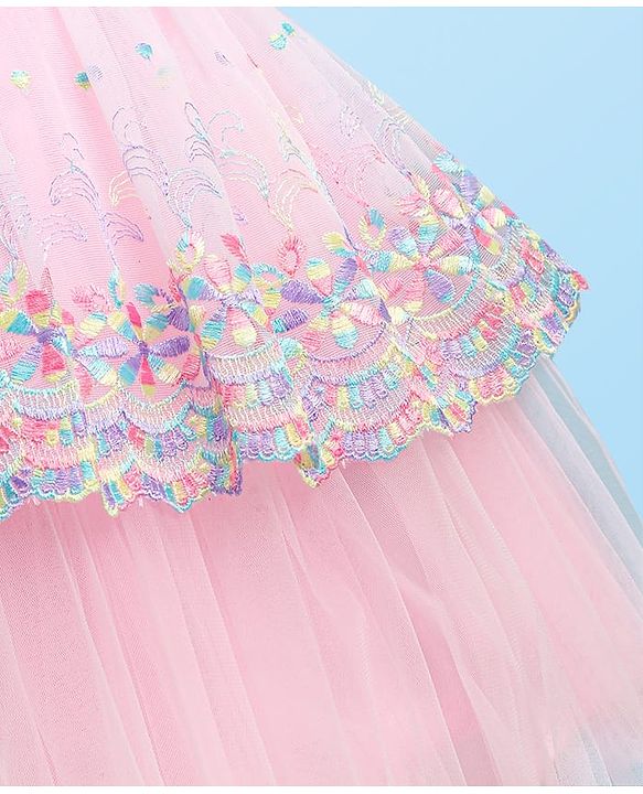 Babyhug Half Sleeves Fit & Flared  Party Frock with Sequin & Floral Embroidery Detailing Bow Applique - Pink