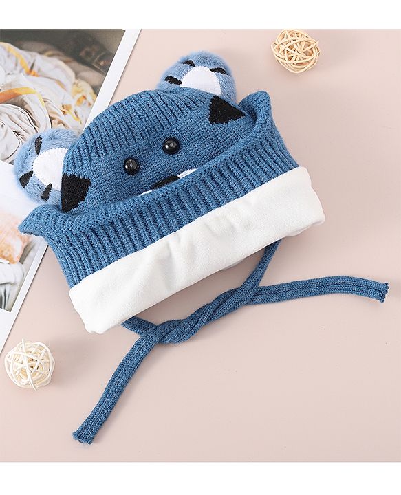 Babyhug Woollen Cap With Tiger Design - Blue