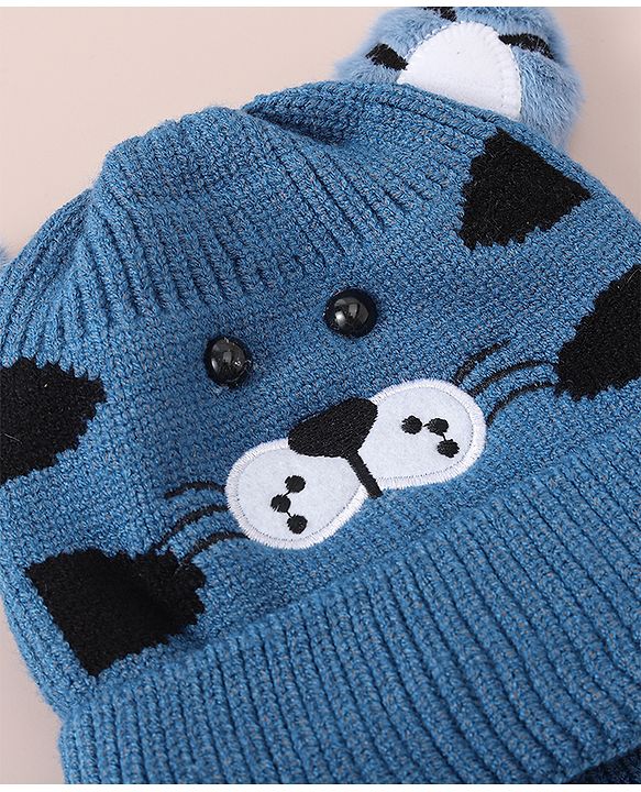 Babyhug Woollen Cap With Tiger Design - Blue