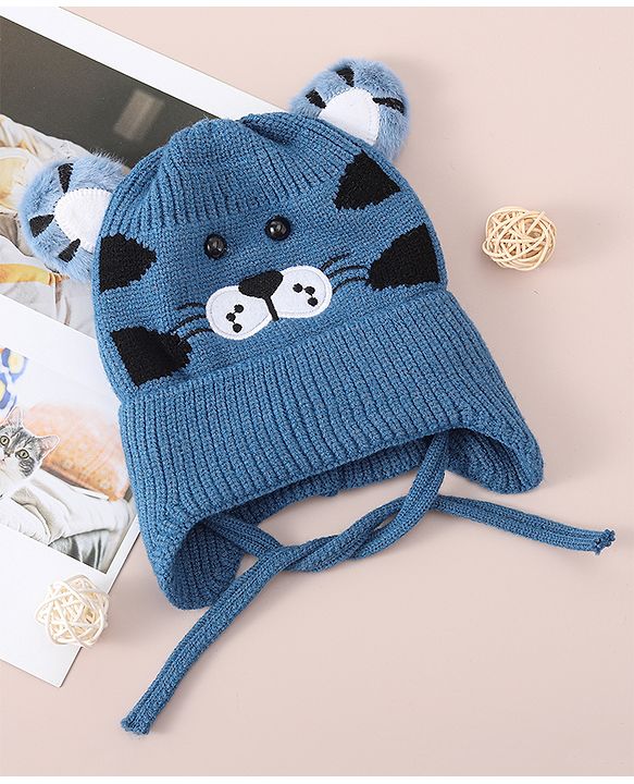 Babyhug Woollen Cap With Tiger Design - Blue