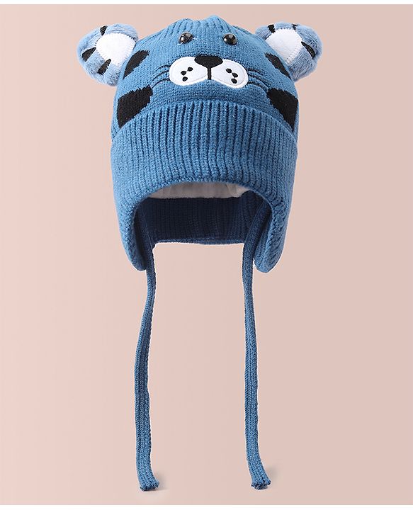 Babyhug Woollen Cap With Tiger Design - Blue