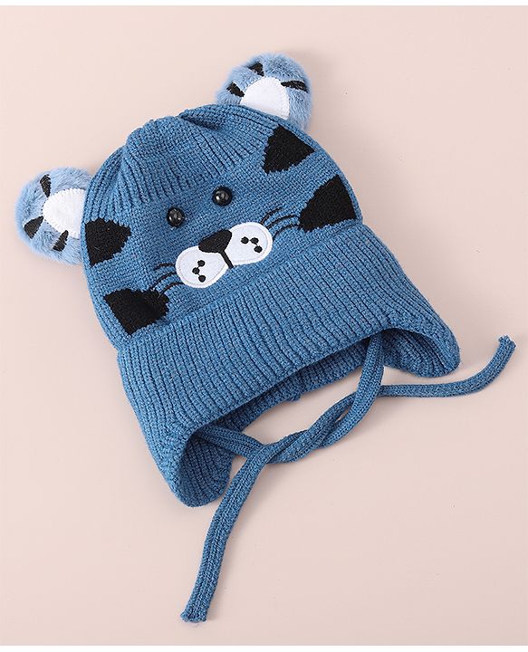 Babyhug Woollen Cap With Tiger Design - Blue